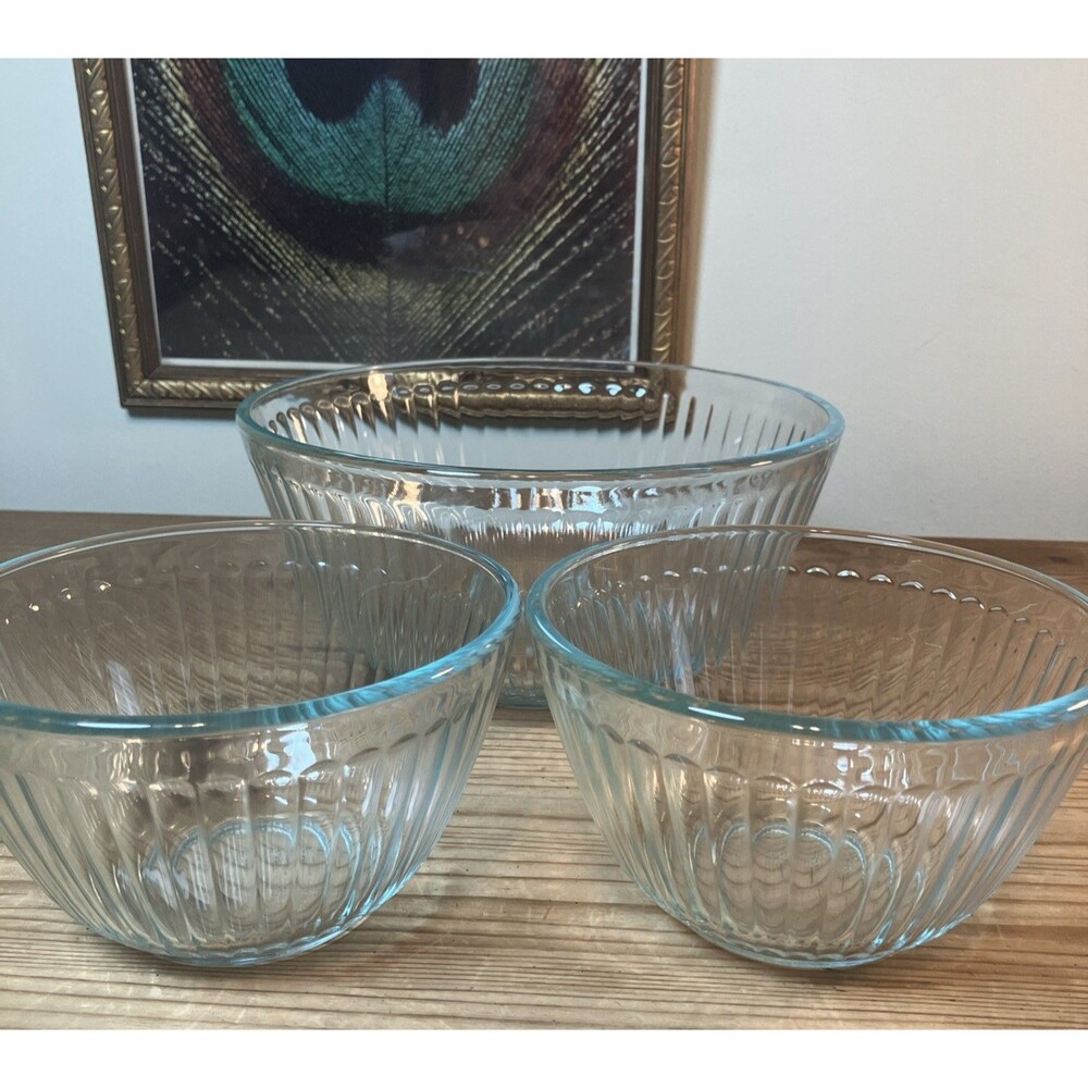 VTG Pyrex Set of 3 Clear Aqua Ribbed Glass Mixing Bowls (2) 7401 3cup / 7403 10c